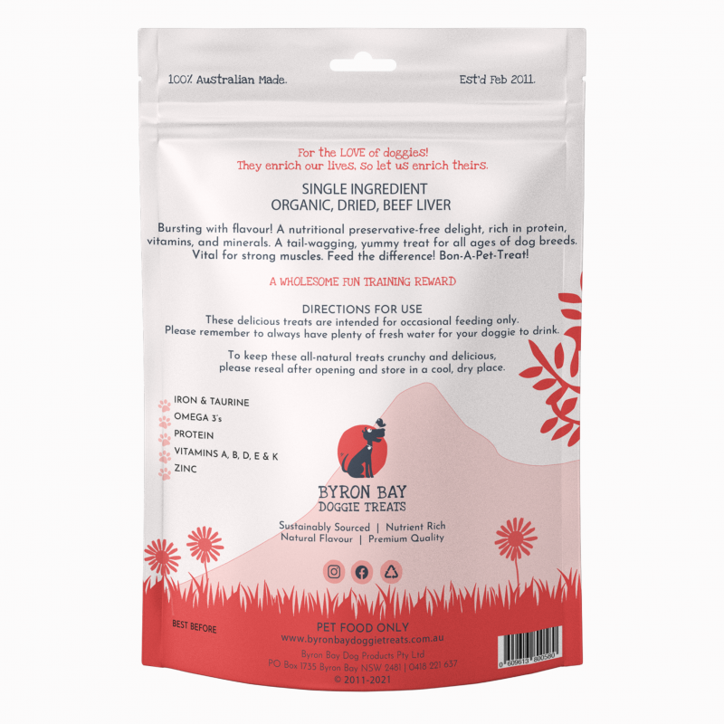 Click on Beef Liver printed bag image to see description printed on back of treat bag.